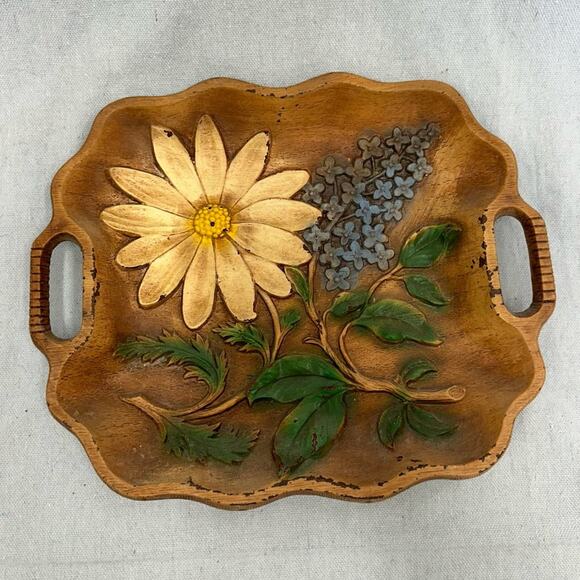 Vintage MCM scalloped wood look serving tray with raised painted floral pattern - Picture 16 of 16